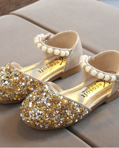 Itty Bitty Gold Glitter & Pearl Embellished Shoes