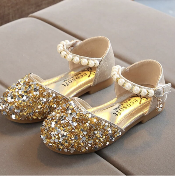 Itty Bitty Gold Glitter & Pearl Embellished Shoes