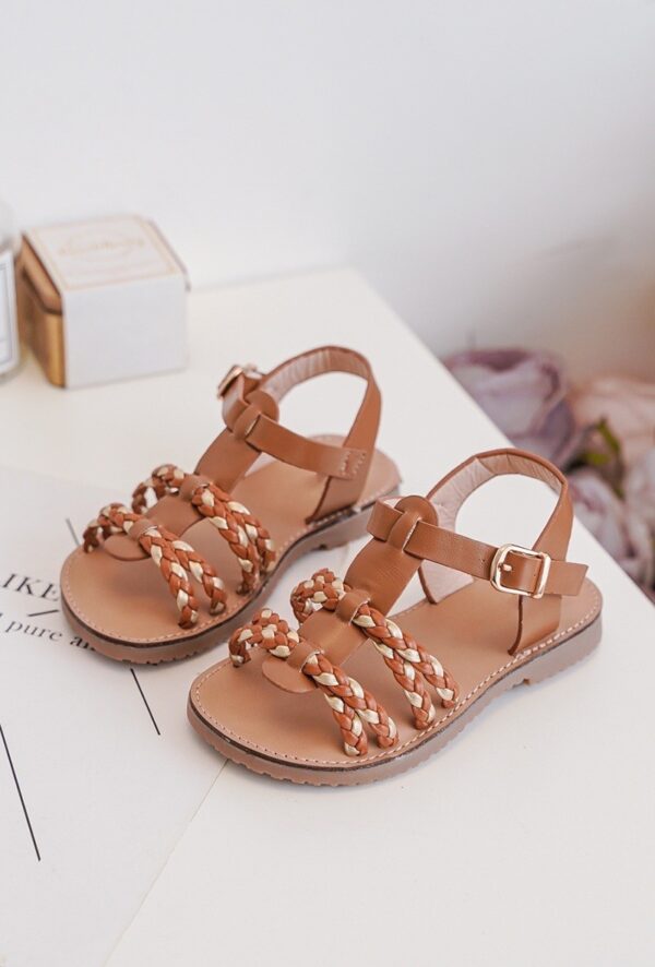 Itty Bitty Brown & Gold Plaited Sandals - Image 2