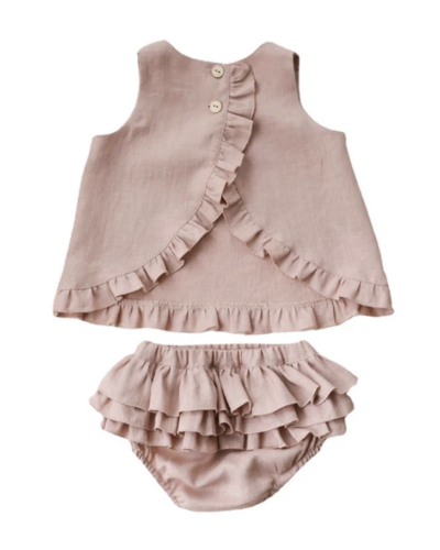 Itty Bitty Pink Linen Ruffle Set