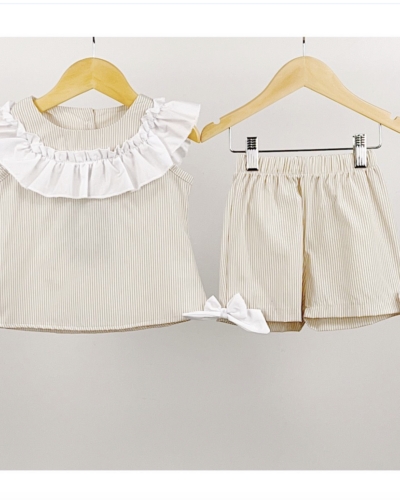 Itty Bitty Beige Pinstripe Contrast Ruffle Co-ord Set