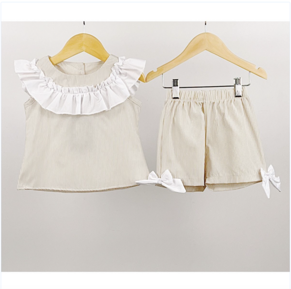 Itty Bitty Beige Pinstripe Contrast Ruffle Co-ord Set