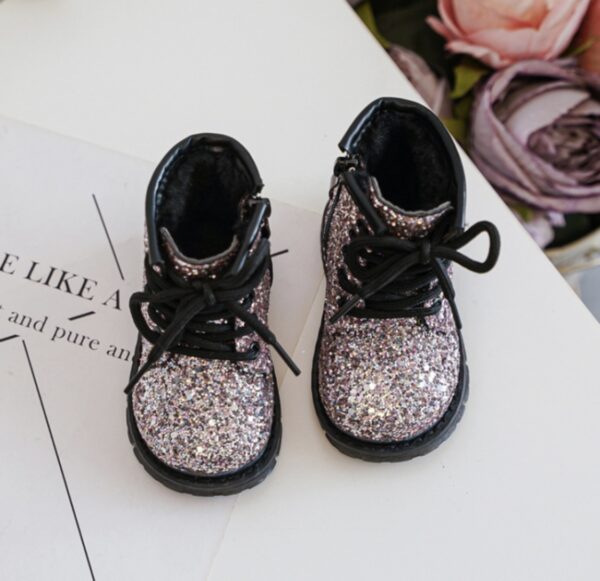 Itty Bitty Pink Glitter Lace Up Boots - Image 3