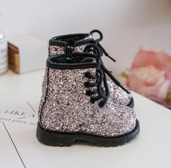 Itty Bitty Pink Glitter Lace Up Boots - Image 4