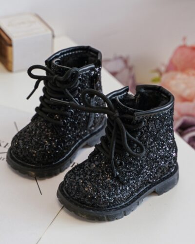 Itty Bitty Black Glitter Lace Up Boots