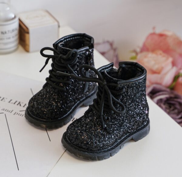 Itty Bitty Black Glitter Lace Up Boots