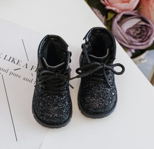Itty Bitty Black Glitter Lace Up Boots - Image 3