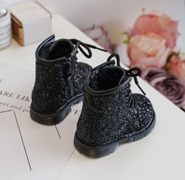 Itty Bitty Black Glitter Lace Up Boots - Image 5