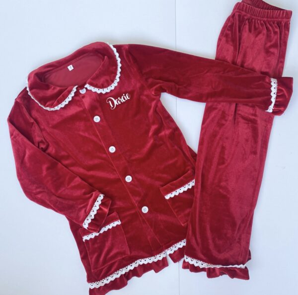 Itty Bitty Red Velvet Frilly Detail Christmas Eve PJ'S - Image 2