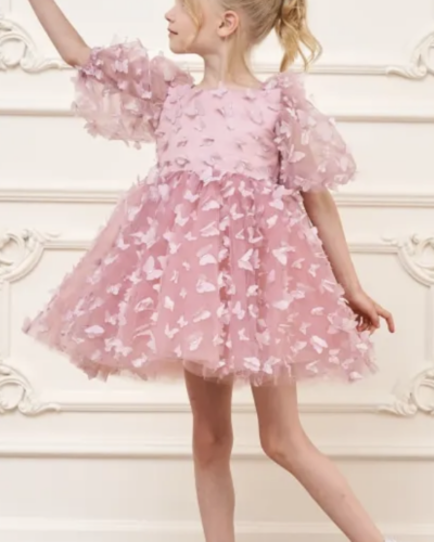Itty Bitty Pink Butterfly Puff Sleeve Dress