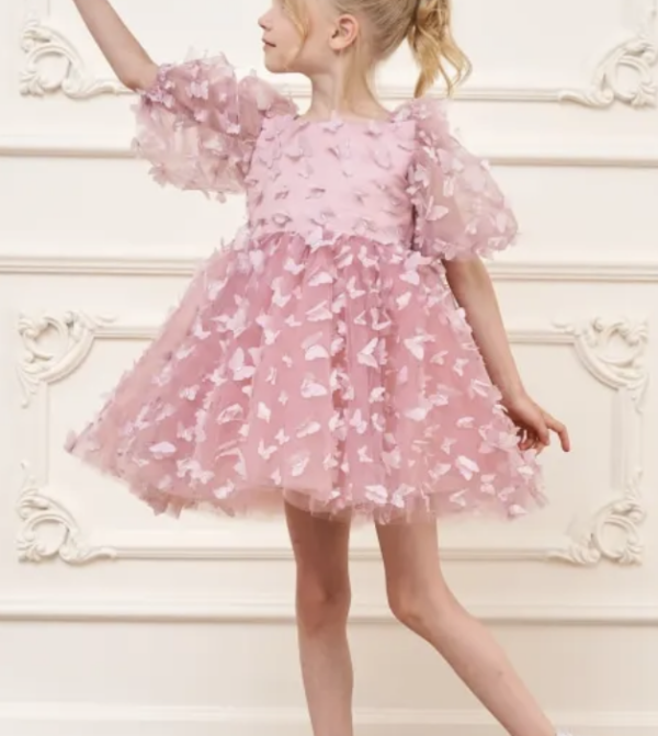 Itty Bitty Pink Butterfly Puff Sleeve Dress
