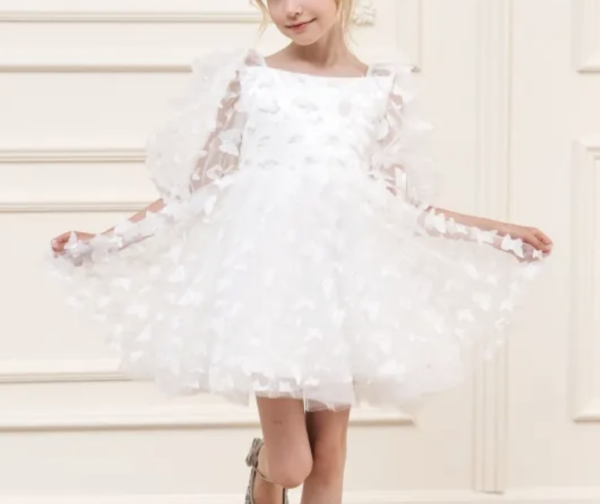 Itty Bitty White Butterfly Puff Sleeve Dress