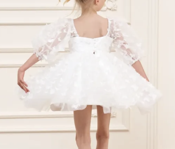 Itty Bitty White Butterfly Puff Sleeve Dress - Image 3