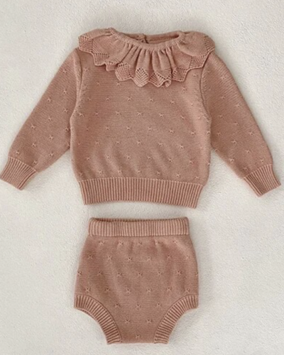Itty Bitty Dusty Pink Ruffle Knitted Top & Bottoms Set