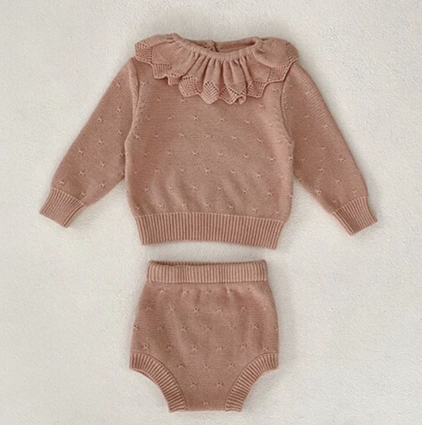 Itty Bitty Dusty Pink Ruffle Knitted Top & Bottoms Set