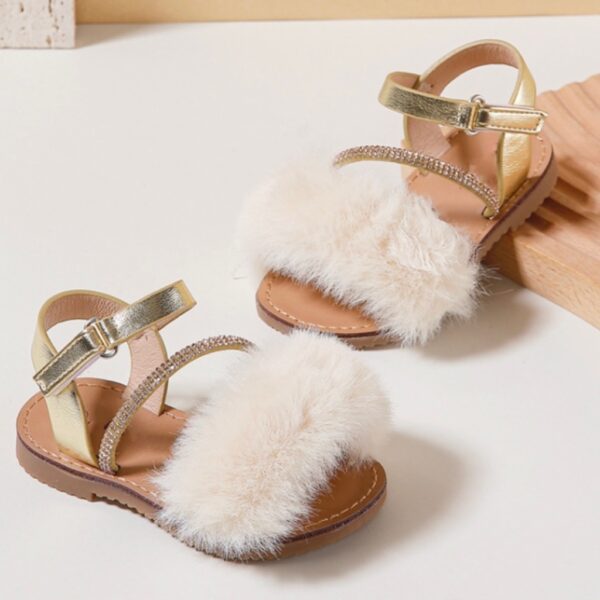Itty Bitty Gold Faux Fur Diamanté Sandals - Image 2