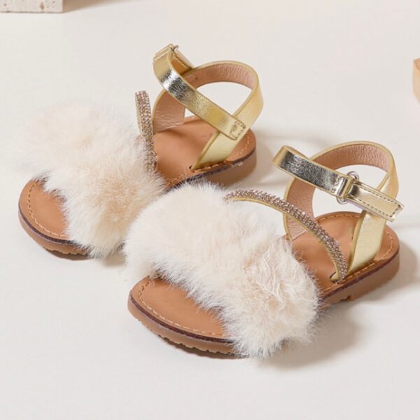 Itty Bitty Gold Faux Fur Diamanté Sandals - Image 5