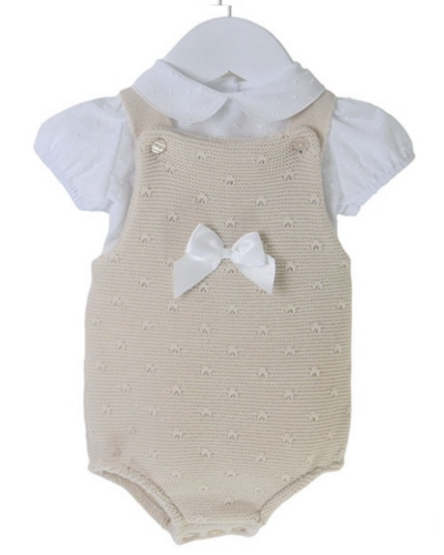 Itty Bitty Beige and White Bow Romper Set