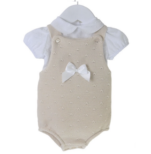 Itty Bitty Beige and White Bow Romper Set