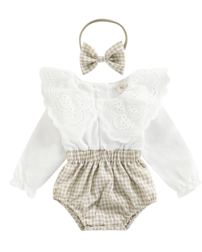 Itty Bitty Gingham Lace Collar Detail Romper & Headband Set