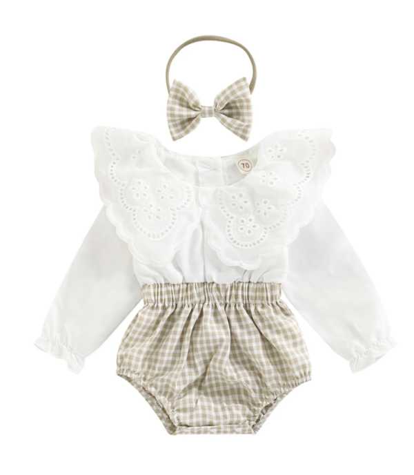 Itty Bitty Gingham Lace Collar Detail Romper & Headband Set