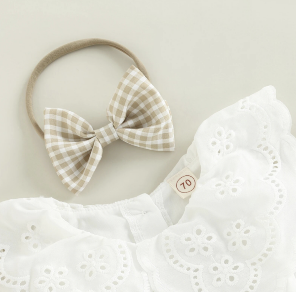 Itty Bitty Gingham Lace Collar Detail Romper & Headband Set - Image 5