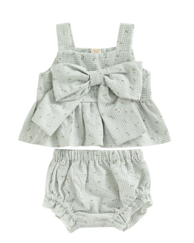Itty Bitty Green Ditsy Floral Bow Detail Set