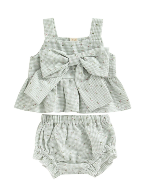 Itty Bitty Green Ditsy Floral Bow Detail Set
