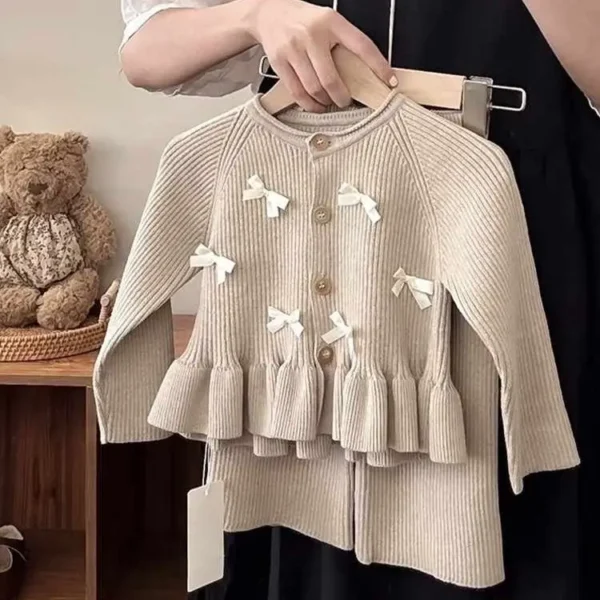 Itty Bitty Beige Knitted Bow Embellished Loungewear Set