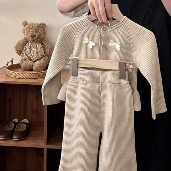 Itty Bitty Beige Knitted Bow Embellished Loungewear Set - Image 3