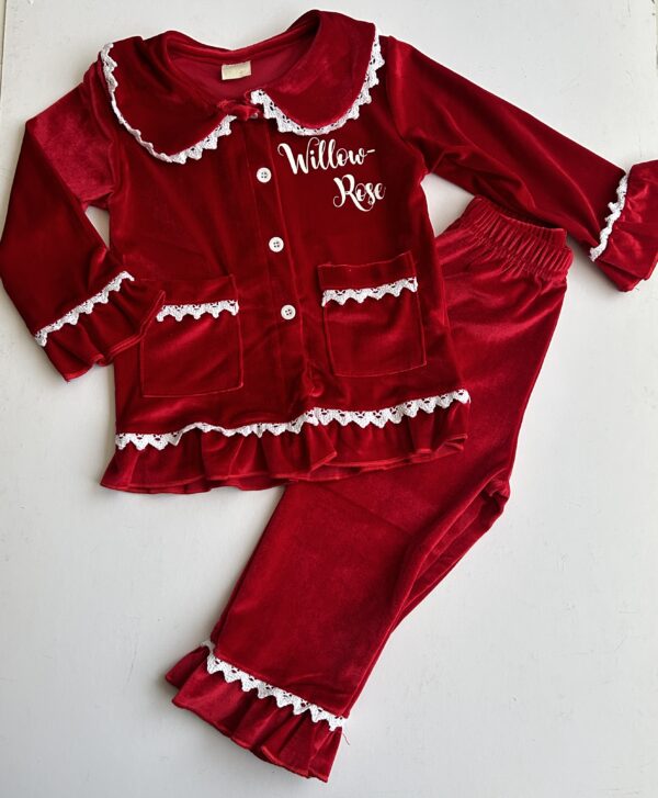 Itty Bitty Red Velvet Frilly Detail Christmas Eve PJ'S - Image 5
