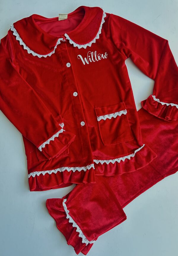 Itty Bitty Red Velvet Frilly Detail Christmas Eve PJ'S - Image 4
