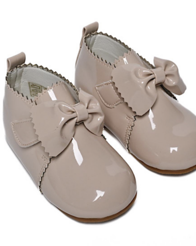 Itty Bitty Beige Patent Scalloped Bow Boots