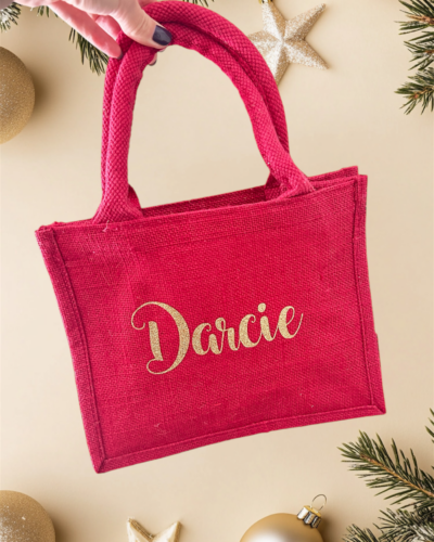 Itty Bitty Christmas Red Personalised Small Jute Bag
