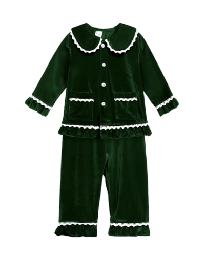 Itty Bitty Green Velvet Frilly Detail Christmas Eve PJ'S