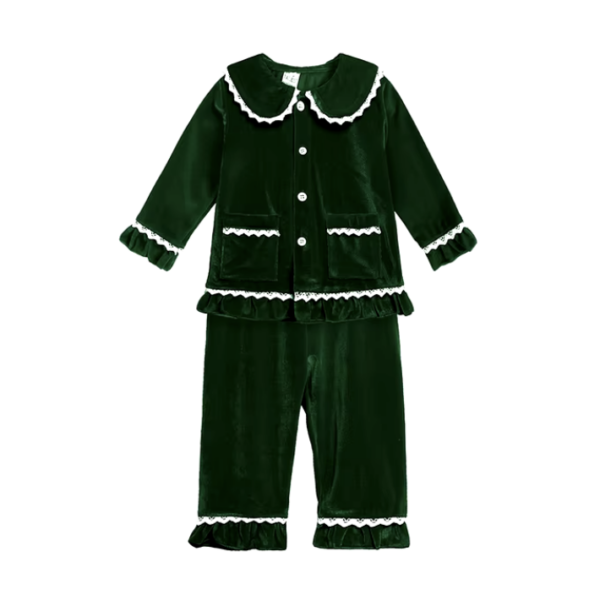 Itty Bitty Green Velvet Frilly Detail Christmas Eve PJ'S