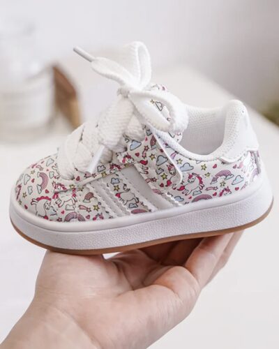 Itty Bitty White Unicorn Print Campus Stripe Trainers