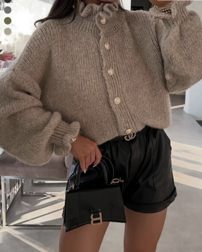 Womens Taupe Ruffle Hem Button Up Cardigan