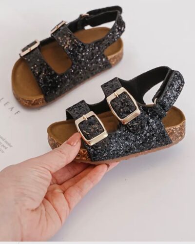 Itty Bitty Black Glitter Double Buckle Sandals