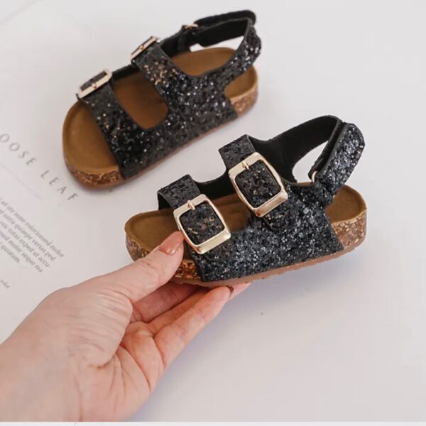 Itty Bitty Black Glitter Double Buckle Sandals