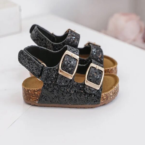 Itty Bitty Black Glitter Double Buckle Sandals - Image 3