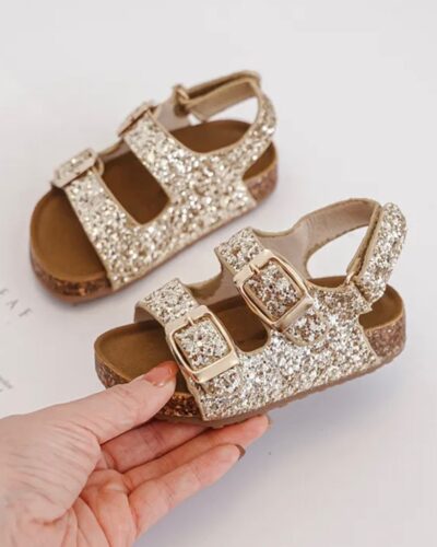 Itty Bitty Gold Glitter Double Buckle Sandals