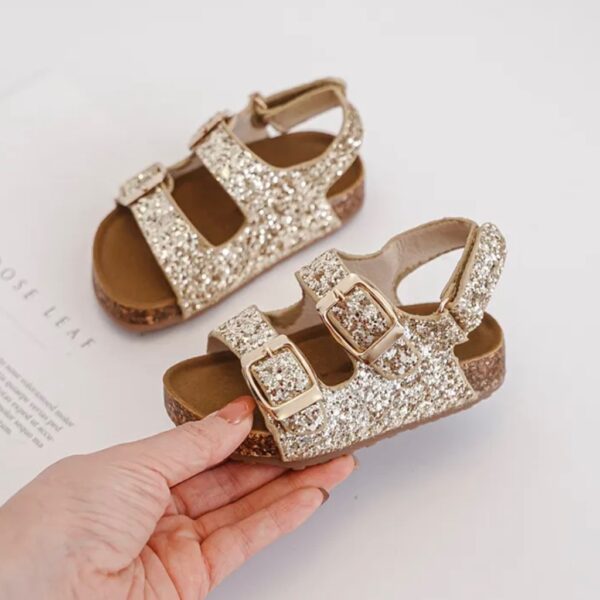 Itty Bitty Gold Glitter Double Buckle Sandals