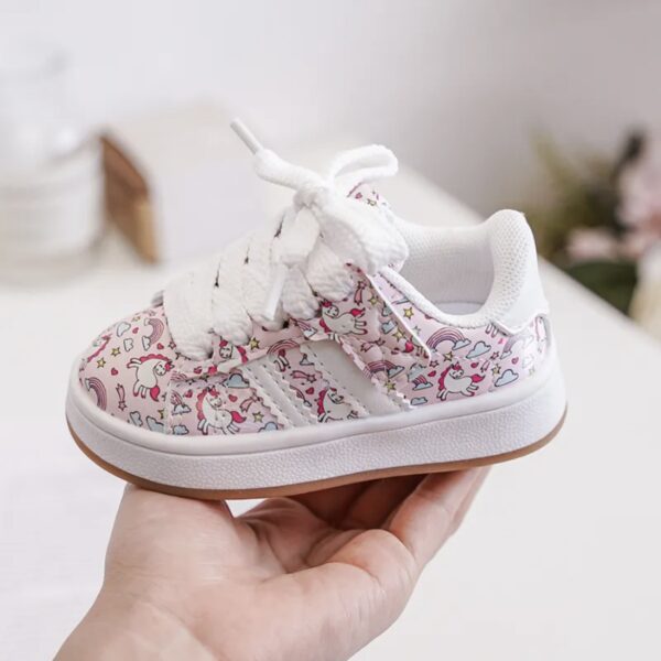Itty Bitty Pink Unicorn Print Campus Stripe Trainers - Image 6