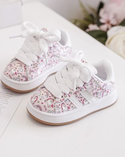 Itty Bitty Pink Unicorn Print Campus Stripe Trainers