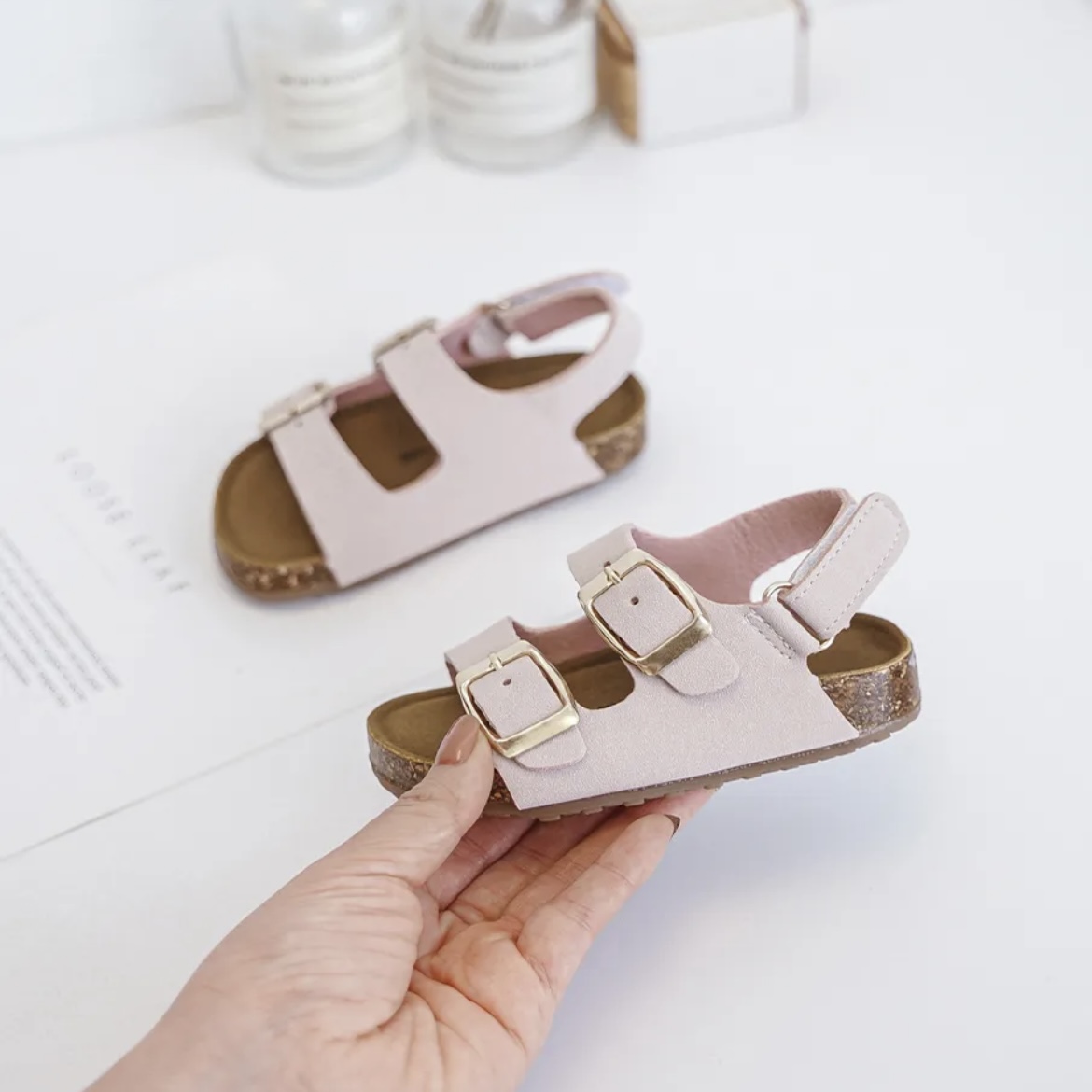 Itty Bitty Pink & Gold Double Buckle Sandals