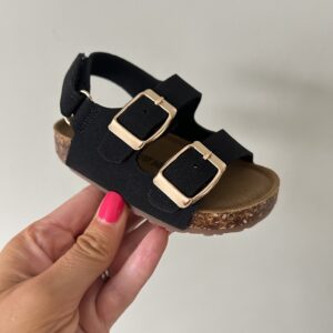 Itty Bitty Black & Gold Double Buckle Sandals