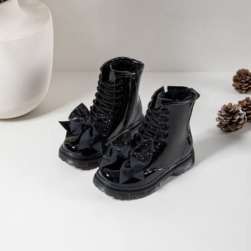 Itty Bitty Black Diamante Bow Cosy Lined Boots Itty Bitty Black Diamante Bow Cosy Lined Boots