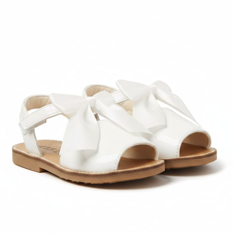 Itty Bitty Spanish Shiny Patent Style White Bow Sandals