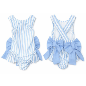 Itty Bitty Blue Pinstripe Inspired Print Swimsuit with Bows